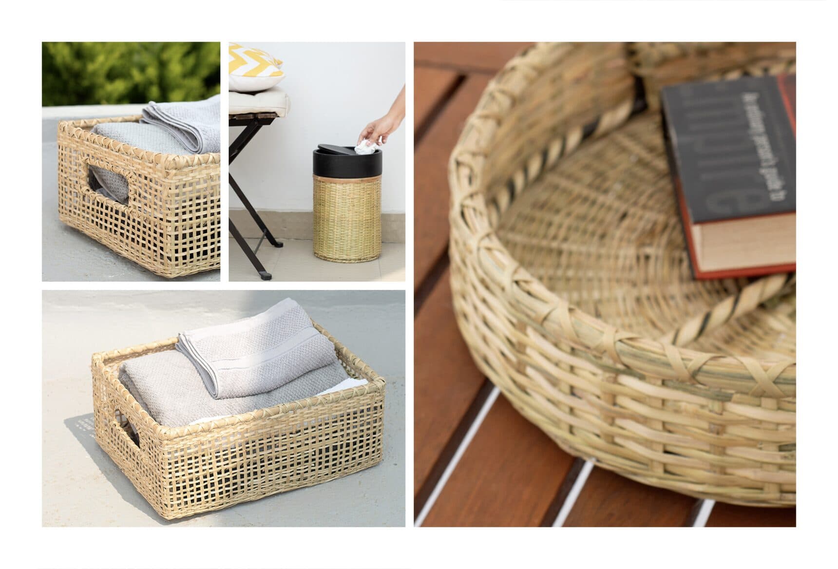 Handwoven natural-fibre baskets and trays holding folded linens and books.